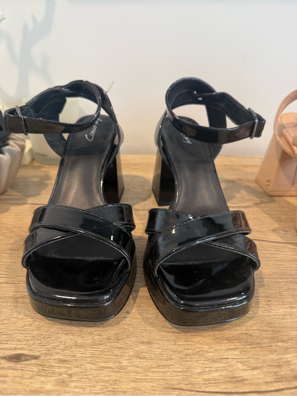 Circus Sam Edelman Kaitlyn Black Patent Block Heel Sandals with Ankle Strap